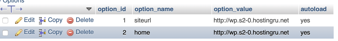 Изменение сайта WordPress в phpmyadmin