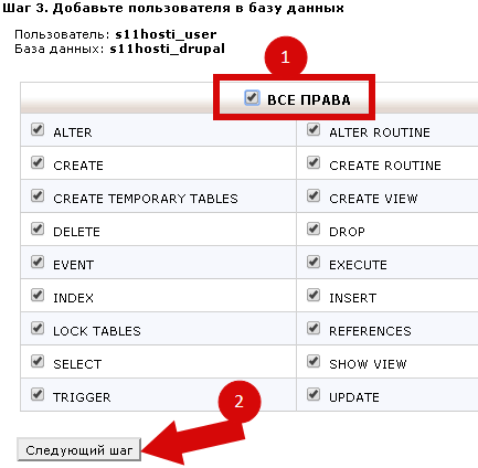 Права пользователя на базу Drupal
